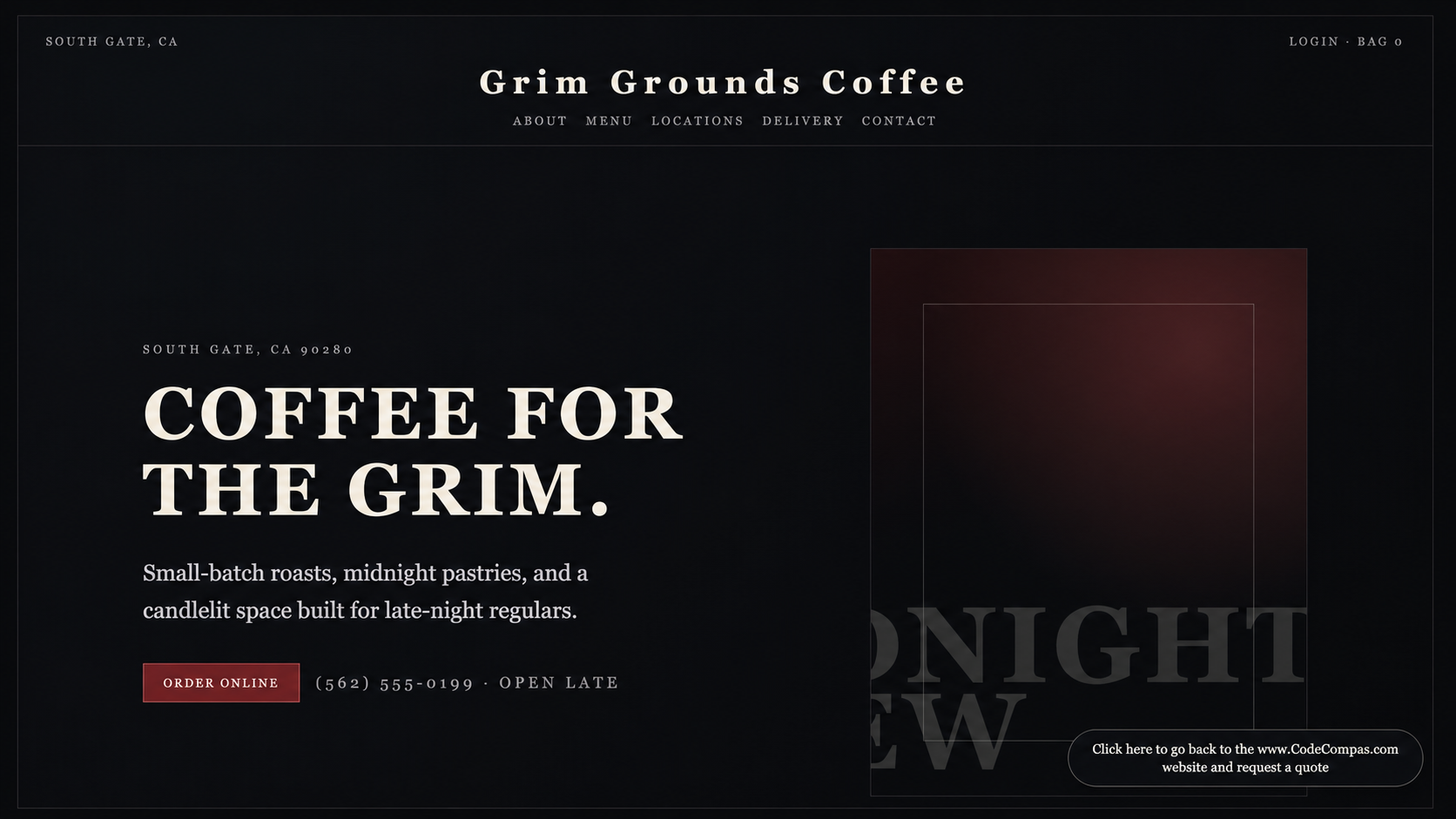 Grim Grounds Coffee website with online ordering and customer login capabilities